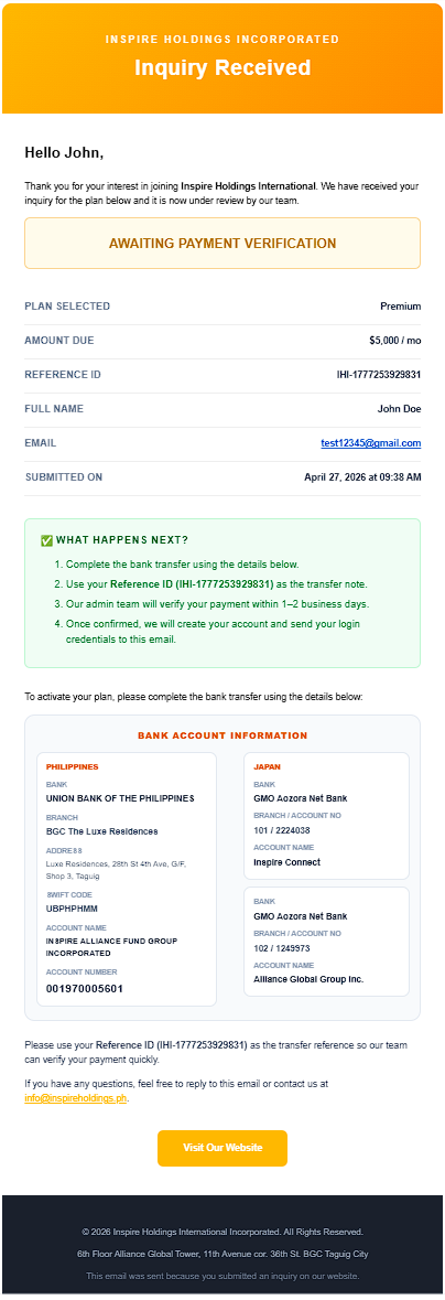 Email confirmation with Reference ID and bank information