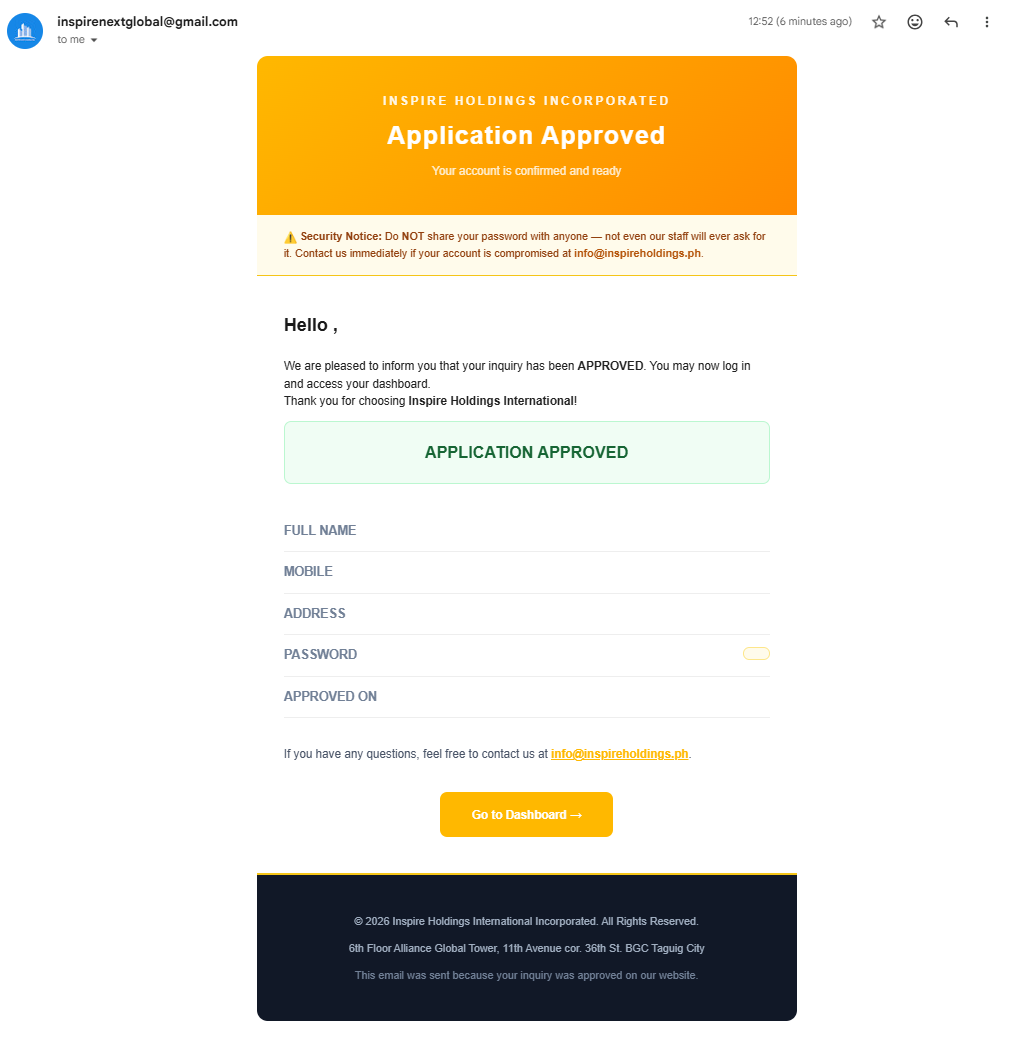 Account credentials received via Gmail