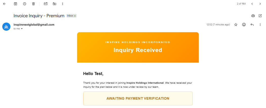 Payment method received via Gmail